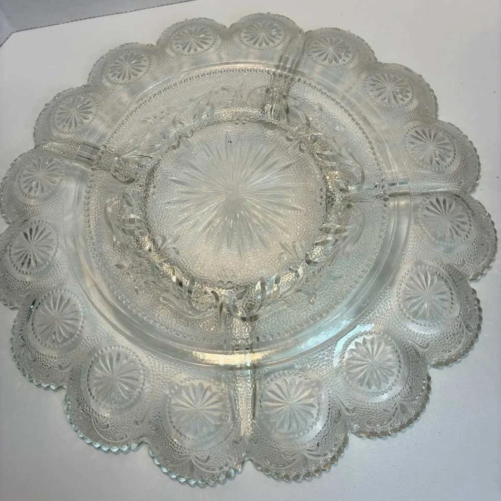 Vintage‎ Clear Pressed Glass Divided Relish Tray Scalloped Starburst MCM